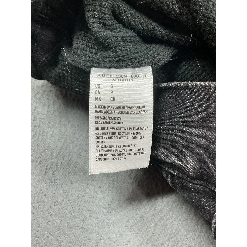 American Eagle Jacket‎ Mens Small Gray Denim Hooded Trucker Bomber Button Front